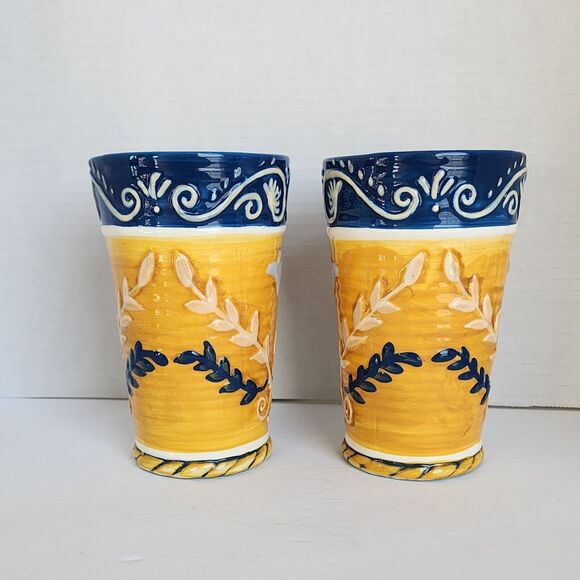 BELLA CASA by Ganz Mugs Cups Handpainted Tall Coffee Latte Blue Gold Vtg 2 Piece - Picture 4 of 9